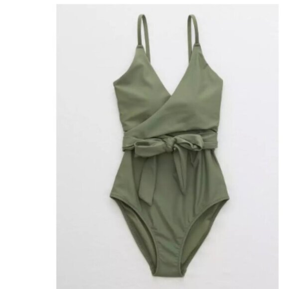 Aerie Wrap One Piece Swimsuit Bathing Suit Olive Green Sz Small - Picture 2 of 9